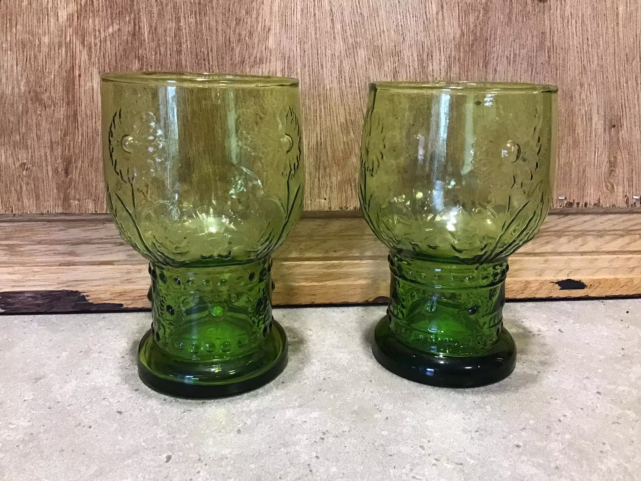 2 Vintage 70S Avocado Green Juice Tumblers, Pressed Glass Drinking Cup Mid Century Water Boho Decor