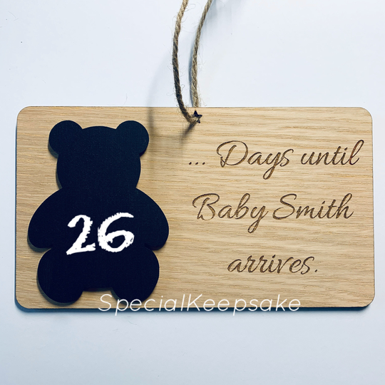 Personalised Wooden Oak Veneer New Baby Newborn Countdown Plaque Chalkboard Fridge Magnet Pregnancy Birth Days To Go Teddy Bear Gift Child