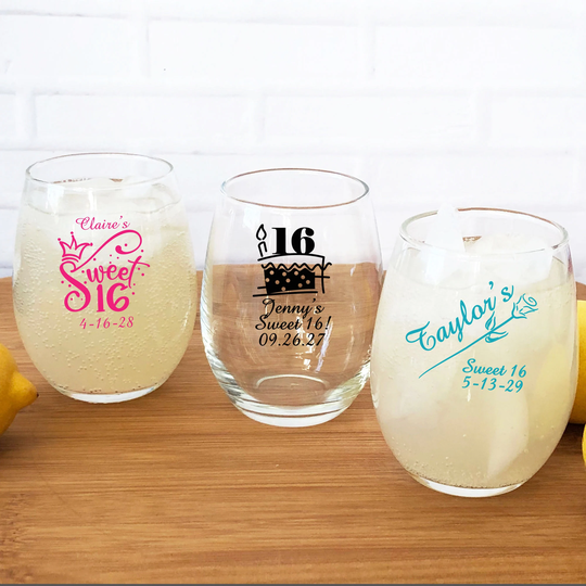 Printed 24 Pieces Of Sweet Sixteen Personalized Stemless Wine Glass Favors, 16Th Birthday Favors 16 Party {Item# 728}