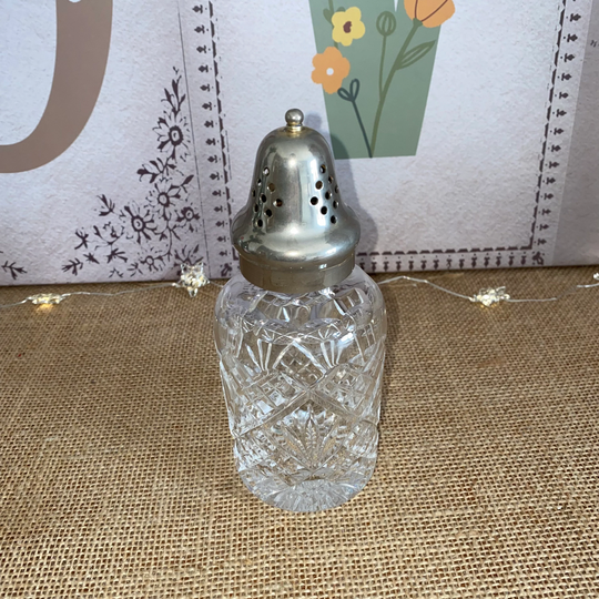 A Large Size Fabulous Vintage Screw Top Sugar Pourer Sifter Shaker Caster in Cut Glass Crystal & A Silver Plated Push On Lid