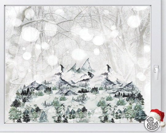 Winter Forest Mountain Scene Window Cling Decal - Nordic Green Trees Christmas Reusable Decoration By Dizzy Duck