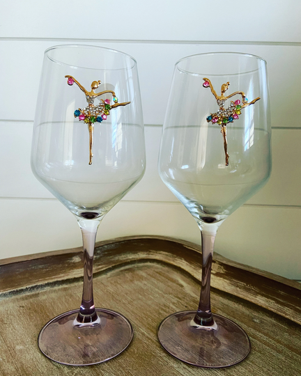 Set Of 2 Dancer Wine Glasses, Ballet Rhinestone Glass, Purple Stemmed Glass Set, Pretty Gift Idea, Unique Birthday