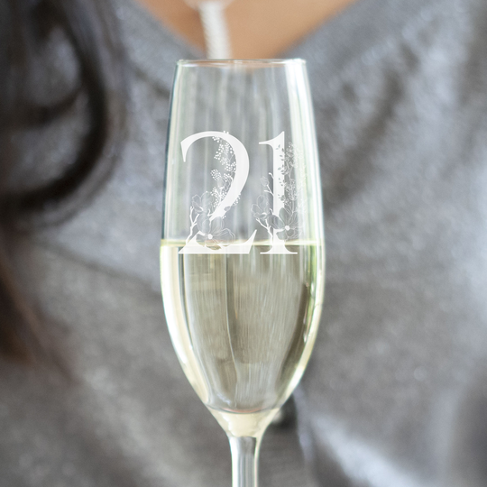 Floral Numbers Champagne Glass Flute, Milestone Birthday Engraved Prosecco Flute With Gift Box, 18Th, 21st, 30Th, 40Th, 50Th, 60Th