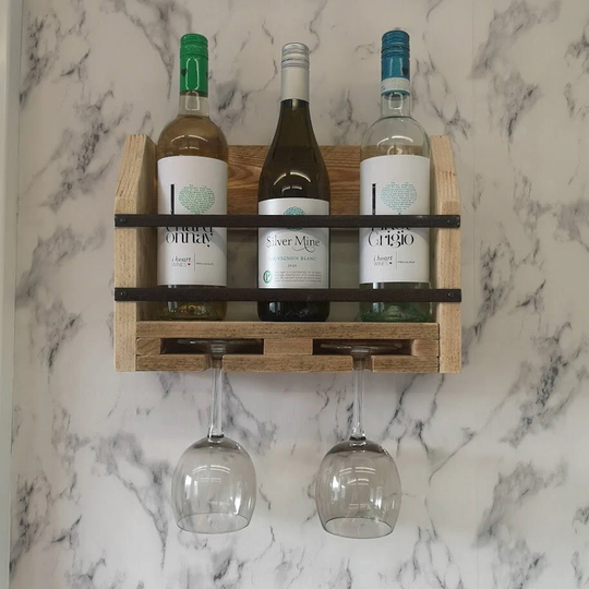 Rustic Handmade Pallet Wood & Metal Wine Rack - To Hold 3 Bottles 2 Glasses Wall Mounted Display Can Be Personalised