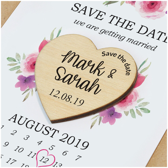 Vintage Save The Date Magnet Calendar - Personalised Floral Card Wooden Heart