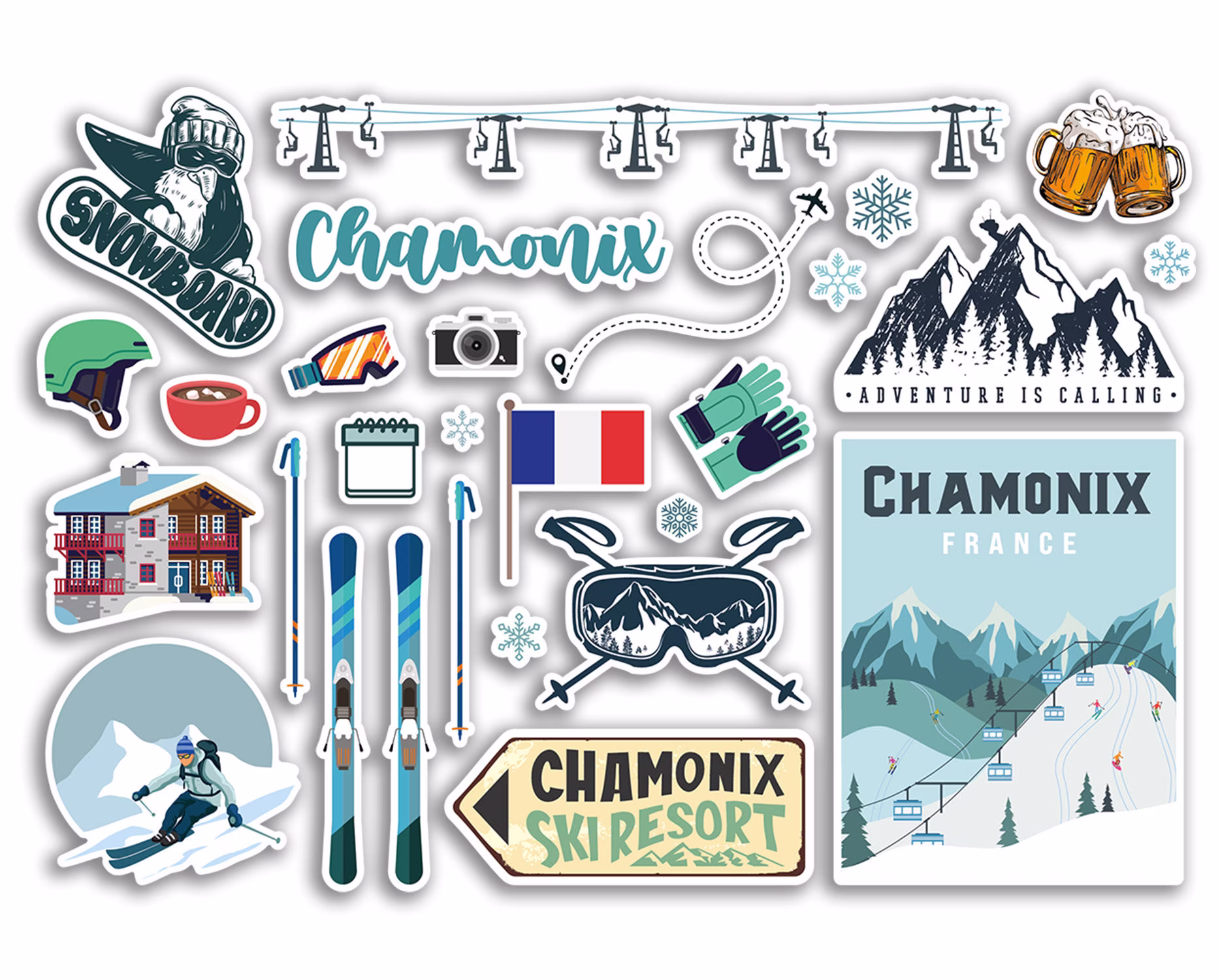 A5 Sticker Sheet Chamonix Vinyl Stickers - France French Ski Resort Mountains Holiday Alps Travel Winter Sports Luggage Scrapbooking #79045