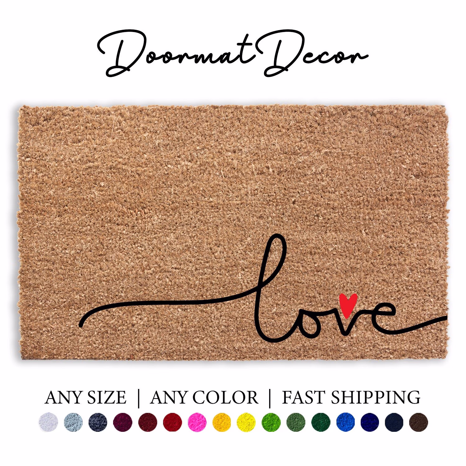 Love Heart Doormat, Valentines Day Decor Gift, Flocked Coir Outdoor Welcome Rug, Entryway Door Mat, Red Heart, Script Font