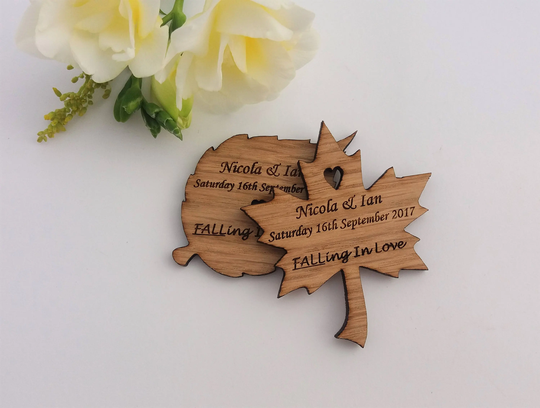 Wooden Save The Date Magnet - Leaf Shape Rustic Wedding- Autumn Personalised Autumnal Wedding Stationary- Invite