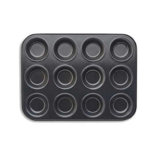 Tower T943008HG29 Shallow Muffin Tin with 12 Moulds Made in Aluminised Steel with a Non-Stick Coating, Black