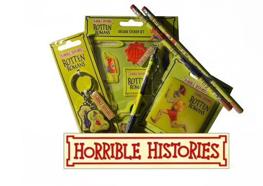 Horrible Histories Rotten Romans Bundle - Deluxe Sticker Sheet, Pen, Fridge Magnet, Keyring & Two Pencils