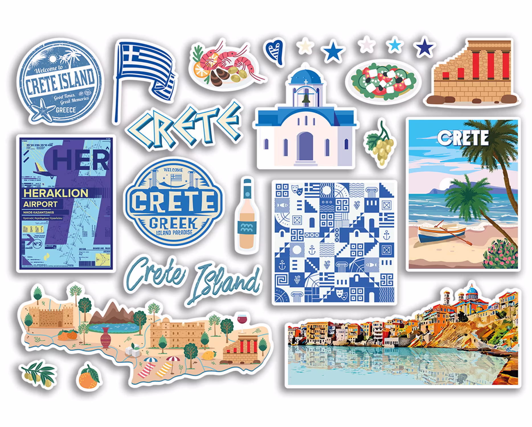 A5 Sticker Sheet Crete Landmarks Vinyl Stickers - Greece Greek Beach Map Airport Stamps Skyline Flag Travel Holiday City Trip Luggage #79096