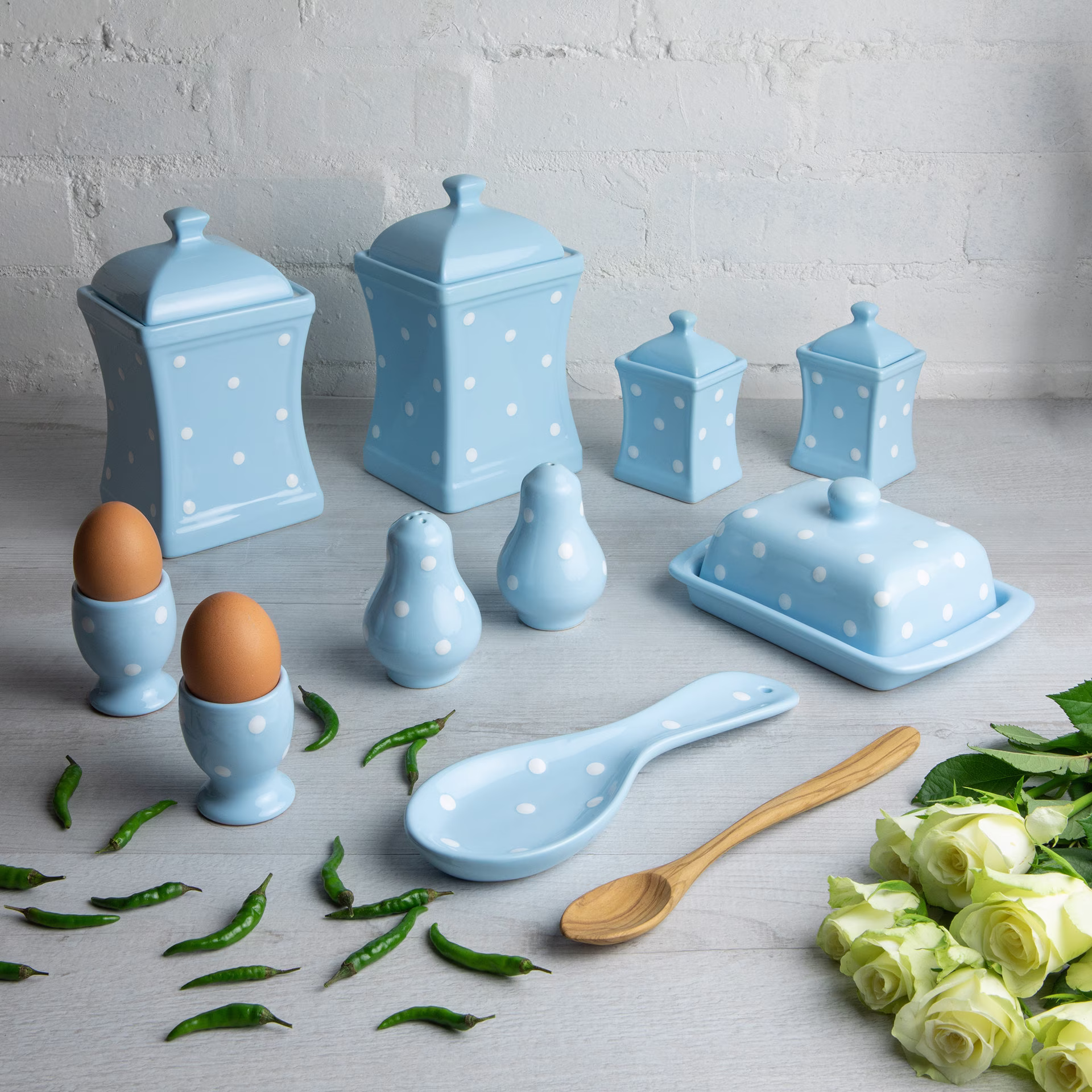 Blue Kitchen Set | Canisters, Spice Jars, Butter Dish, Cruet Set, Spoon Holder, Egg Cups, Handmade Ceramic White Polka Dot Of 10