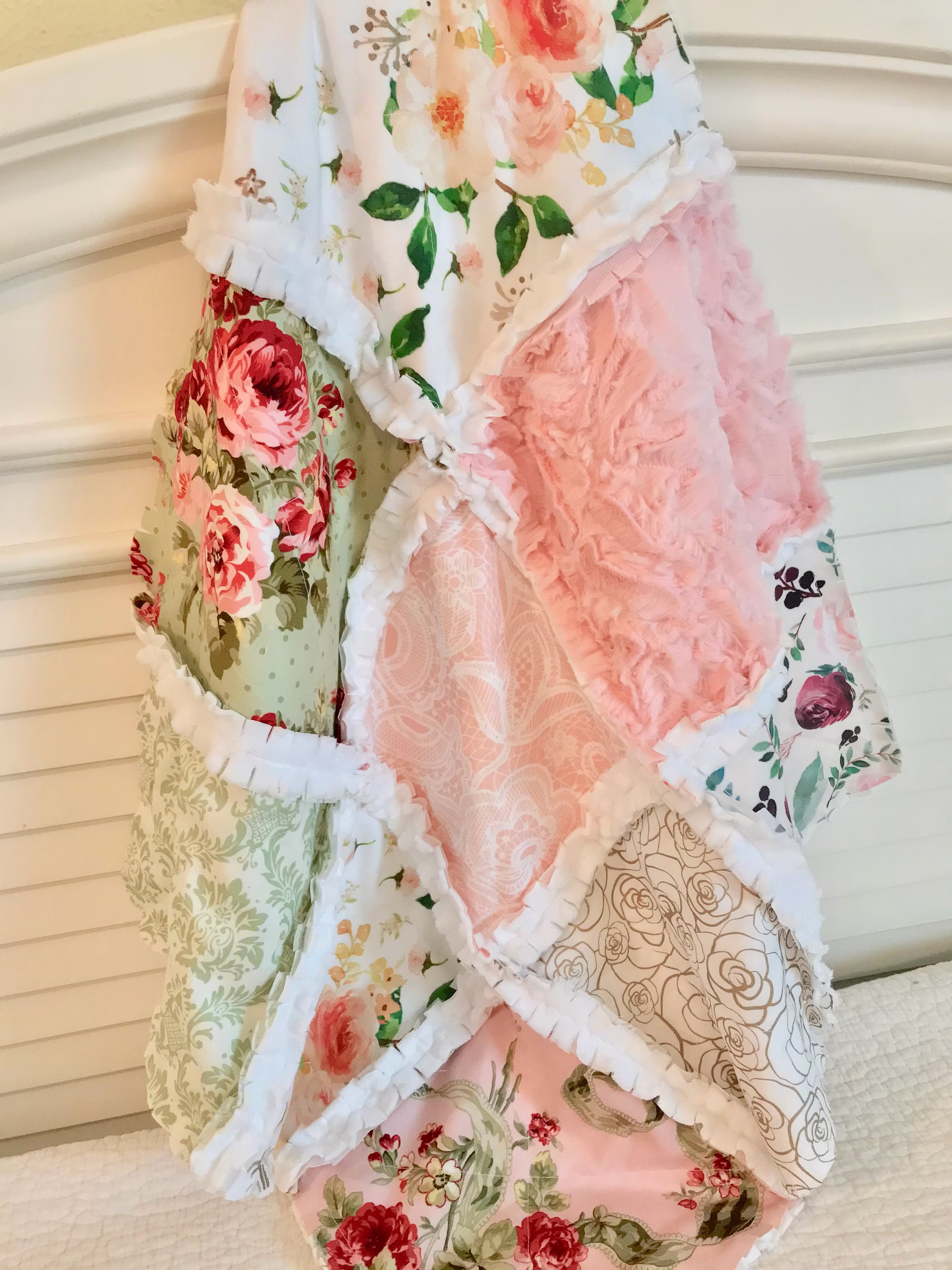Shabby Roses Lovey, Pink Peach Cottagedome Green Plum Chic Baby Girl Car Seat 22"x22