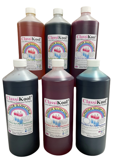 Classikool 6 X 1 Litre Bottles Of Slush Syrup Blue Raspberry, Red Strawberry, Yellow Lime, Cherry, Purple Grape & Pink Bubblegum