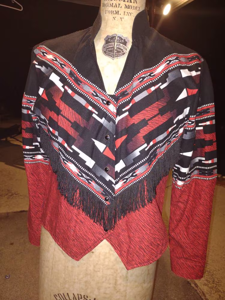 Vintage 80S Homemade Western Top , Vintage Southwestern Long Sleeve Black Pearl Buttons Blouse With Fridge