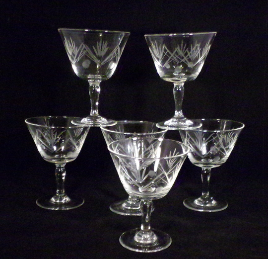 Set 6 Goblets Wine Cocktail Stemmed Fan & Ball Pattern Cut Etched Design Elegant Clear Glass 3 Oz Vintage 50S Drinkware Stemware