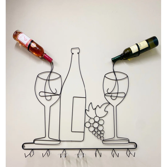 Wall Mounted Black Wire Wine Bottle & Glass Holder