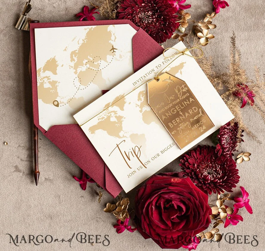Maroon Travel Save The Date Acrylic Tag Magnet Card Gold Luggage Wedding The Dates Magnets Our Cards Destination