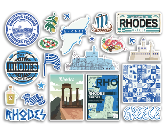 A5 Sticker Sheet Rhodes Landmarks Vinyl Stickers - Greece Greek Beach Airport Stamps Skyline Flag Travel Holiday City Trip Luggage #79098