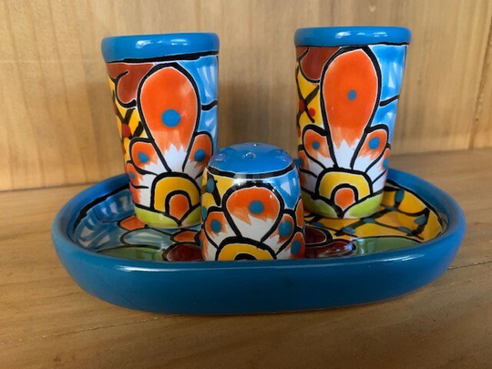 Authentic Hand-Painted 4-Piece Talavera Tequila Set - Turquoise