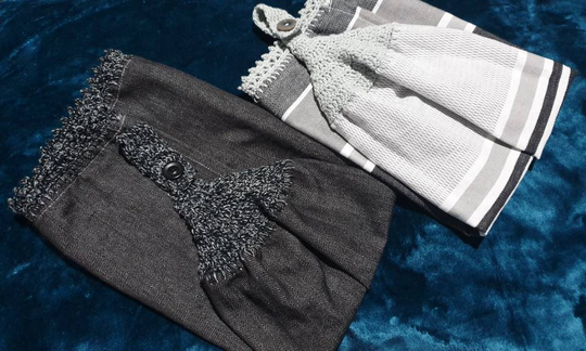 Extra Large Black & Grey Cotton Tea Towels With Crochet Top Bottom. Kitchen Hand Towels. Grey Jumbo