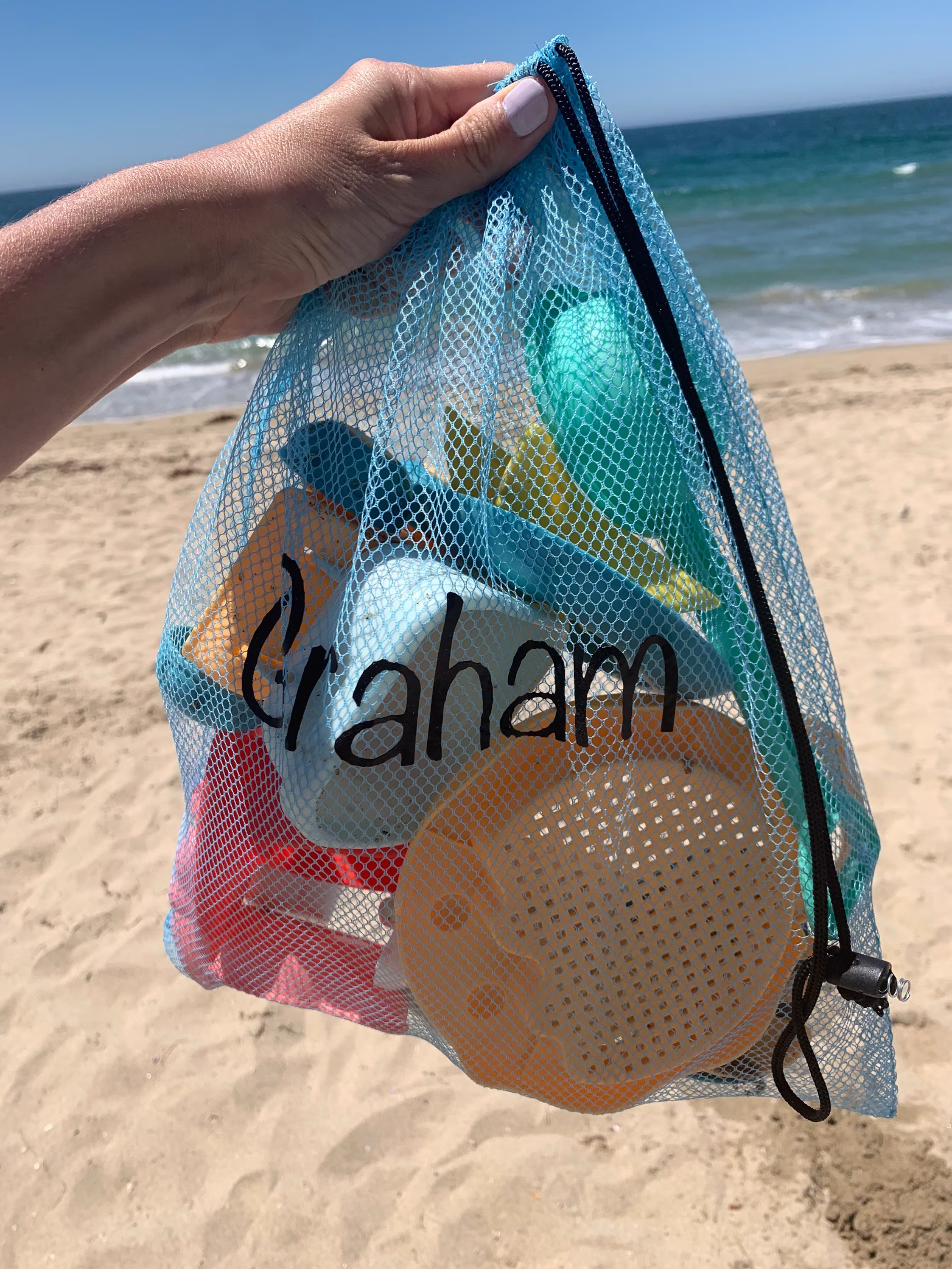 Beach Toy Bag | Sand Custom Labeled Mesh Drawstring Bag For Kids Toys| Organic Cotton