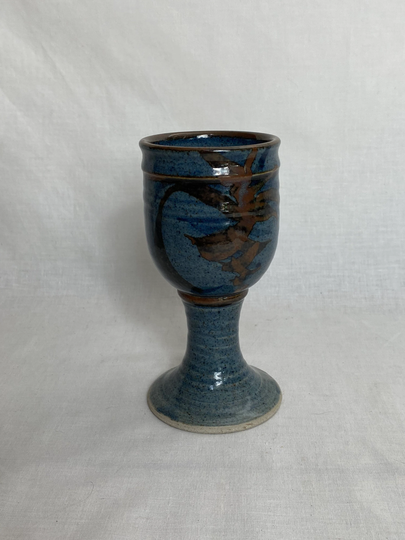Vintage Studio Pottery Goblet. Wine English. Blue. Brown. Abstract. Unique. Beautiful. 15cm Vgc