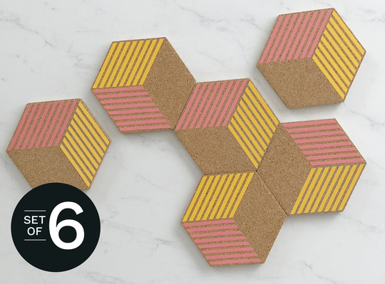 Coral & Yellow Hexagon Coasters, Housewarming Gift, Modern, Geometric Decor, Set Of 6