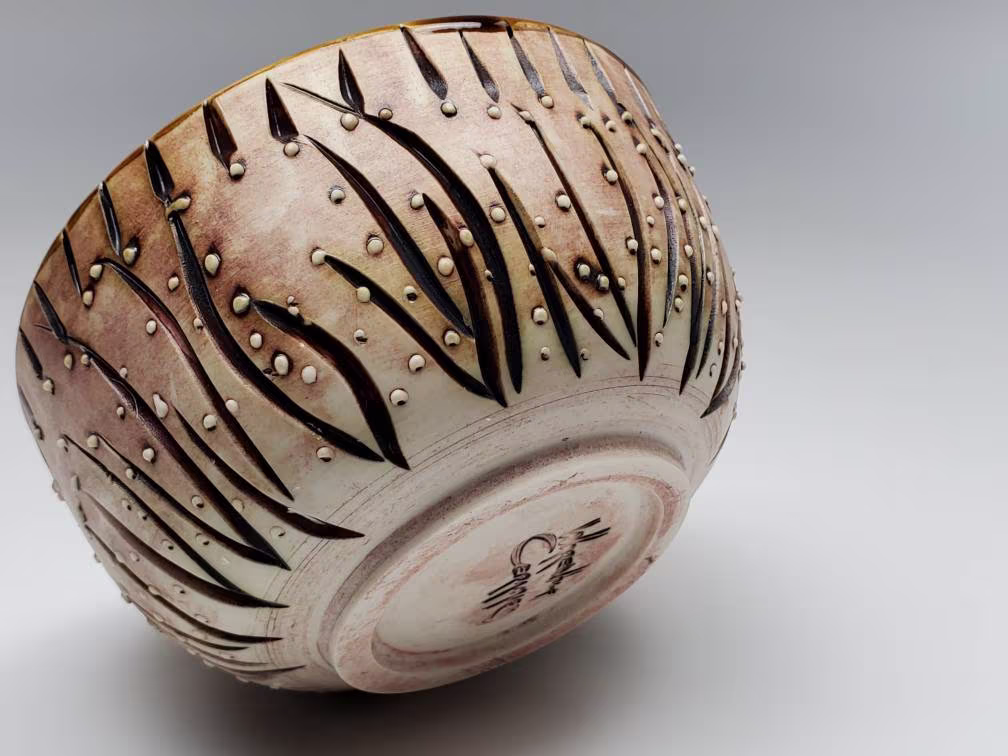 Hand Carved Ceramic Porcelain Bowl With Design & Dotted Texture. Raw Edge Pottery Celedon Glaze Interior For Cereal
