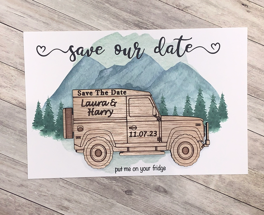 Land Rover Wooden Save The Date Magnet | Personalised Save The Date Magnet
