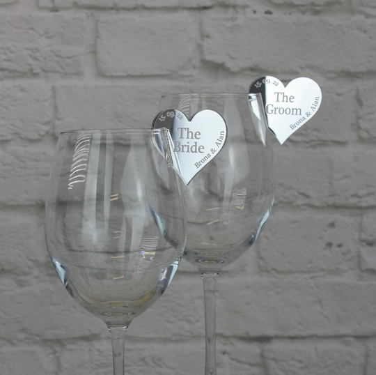Wedding Name Places Table Settings For Wine/Champagne Glasses Personalised With Guests Names.heart Shaped Wedding Favour. Name Cards