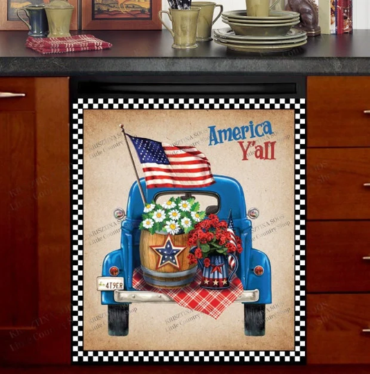 Kitchen Dishwasher Magnet Cover - All American Patriot Truck With Flag & Flowers