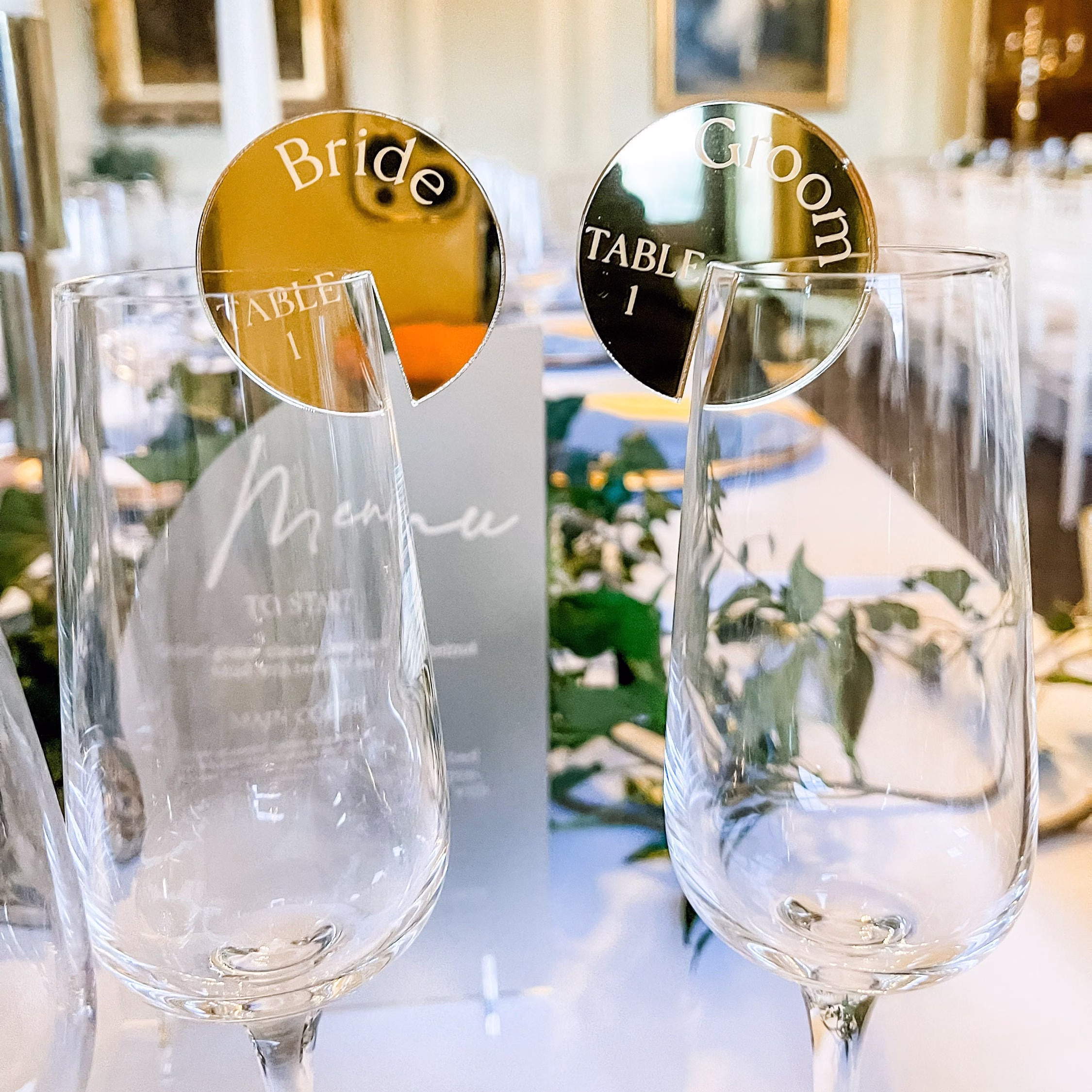Personalised Cocktail Charms, Engraved Mirror Name Place & Table Number, Drinks Tag, Charm, Wedding Wine Glass Markers