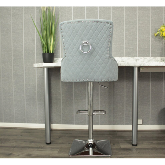 Pale Blue Grey Faux Suede Swivel Bar Stool Button Back + Ring Knocker
