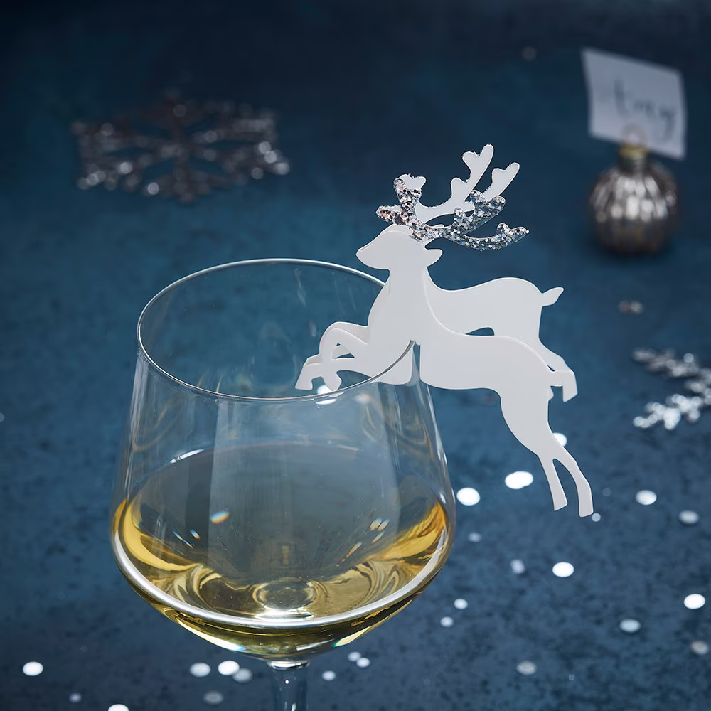10 Silver Reindeer Christmas Glass Decorations, Drinks Charms, Table Decor, Tableware, Drink Toppers