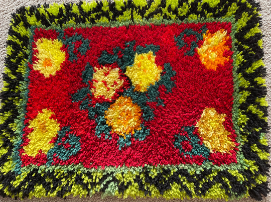Vintage Latch Hook Bright Wall Art Hanging Or Rug, Floral, Yarn Shag 1970S