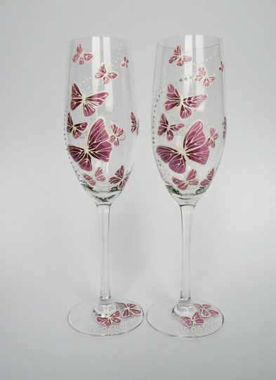 Hand Painted Wedding Toasting Flutes Set Of 2 Personalized Champagne Glasses White & Purple Butterflies Love Flight