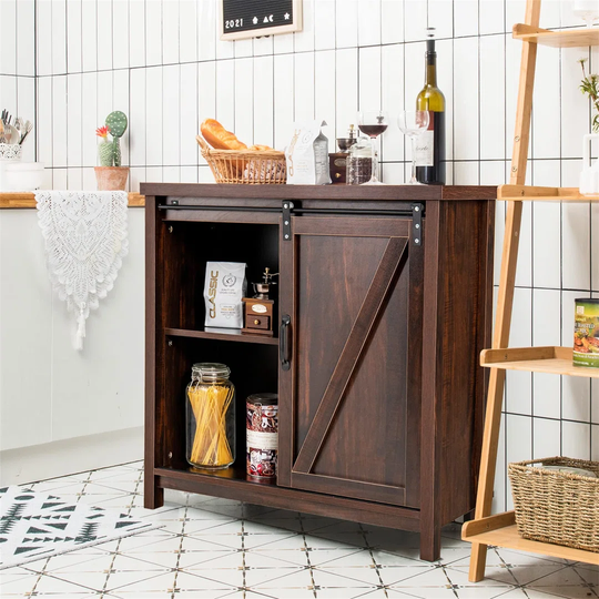 Sideboard, Buffet Table Storage Cabinet With Wine Rack, Sliding Doors, Open Shelves & Anti-Slip Foot Pad, Wooden Console Cupboard For Kitchen Dining R