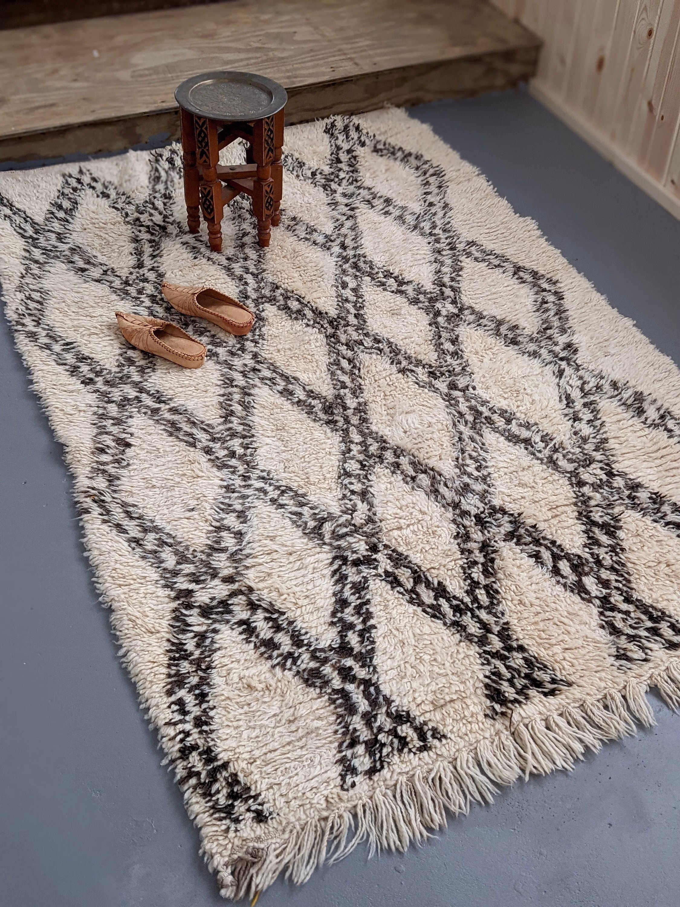 4.25' X 6.4' Vintage Moroccan Beni Ourain Wool Rug Neutral Tones All-Over Diamonds | Scandi, Flokati, Minimal, Mid Century, Handknotted