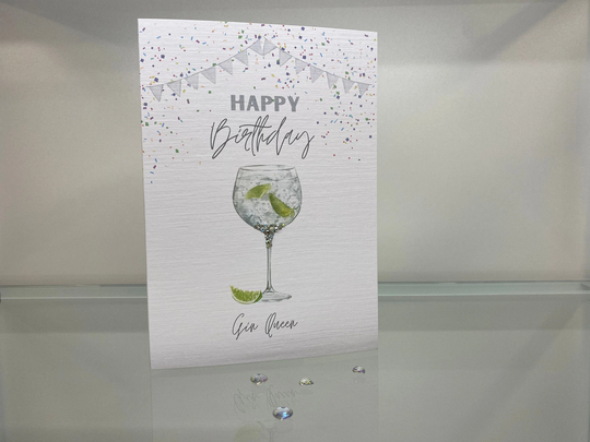 Gin Glass Happy Birthday Card, Queen, Lovers Glass, Cocktail Beautifully Decorated With Tiny Gems