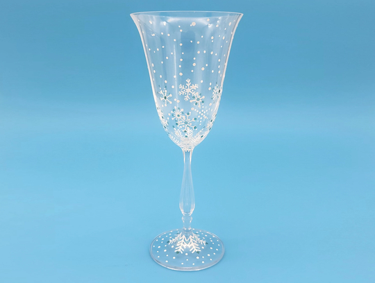 Beautiful Snowflake Wine Glass - Hand Painted Dainty White Snow Flakes With Light Blue & Sparkle Accents Winter Stemmed