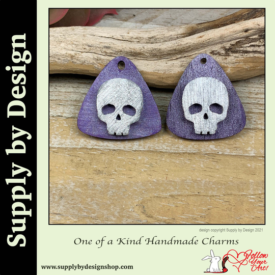Ooak#2931 Pair Of Painted Wood Charms with Applied Skull W/Painted Back 1.25" X 1/8