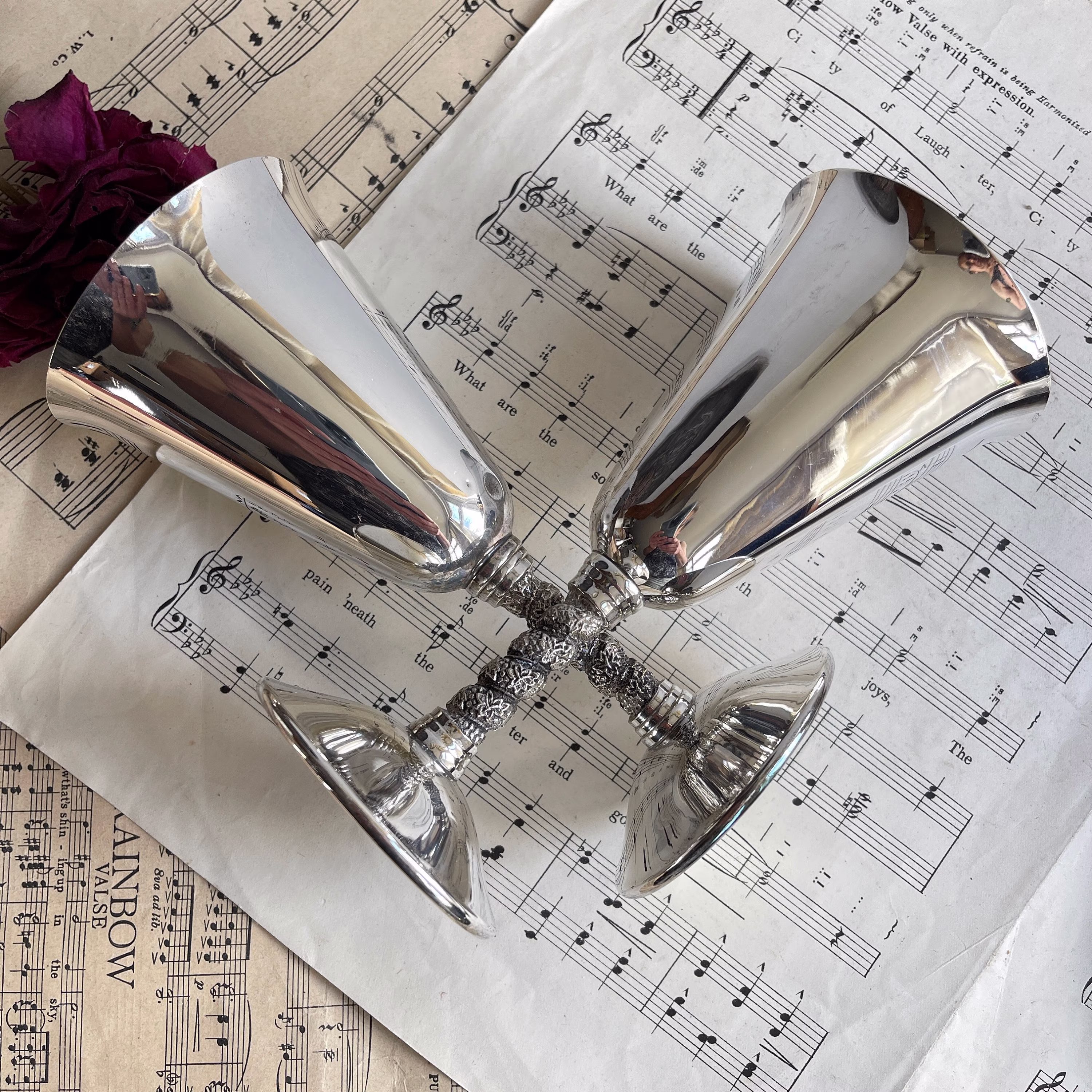 Vintage Pair Of Silver Plated Wine Goblets, Falstaff, Stemware, Glass, Toasting Cups, Wedding Chalice, Spanish Silver, Photo Props