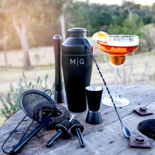 Engraved Matte Black Cocktail Shaker Barware Set in Gift Box