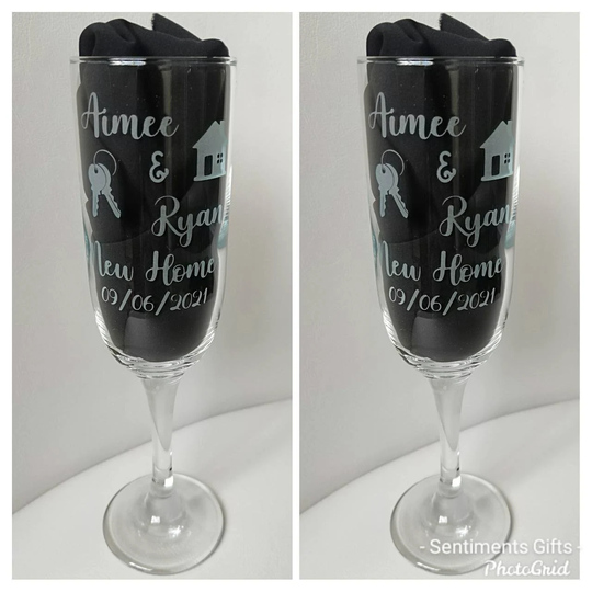 Pair Of Personalised Engraved New Home Champagne Flutes, With Names & Date. First Home, Housewarming Gift