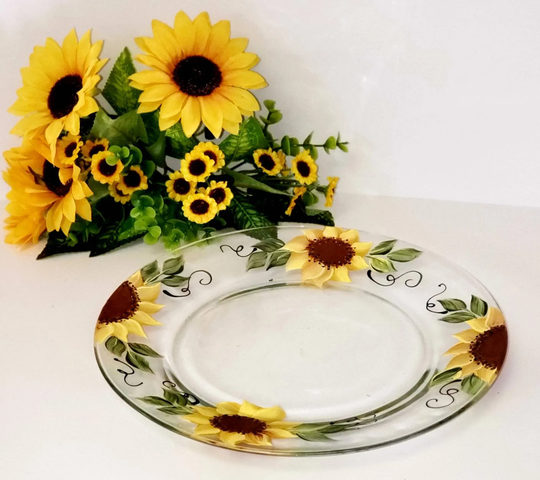 Hand Painted Sunflower Plate, Candle Platter, Charger Dish, Painted Decor