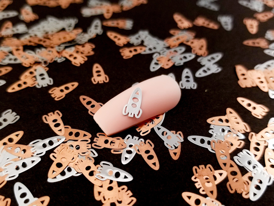 8mm Silver Toned Metal Kawaii Spaceship Cabochons, Cute Nail Art Cabs, Resin Charms, Galaxy Space Star Moon Shaker Embellishments