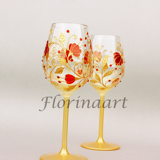 40Th Wedding Anniversary Glasses, Ruby Red , Wedding Champagne Wine Hand Painted Wine Glasses