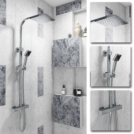Thermostatic Exposed Chrome Shower Mixer Bathroom Twin Head Large Square Bar Set