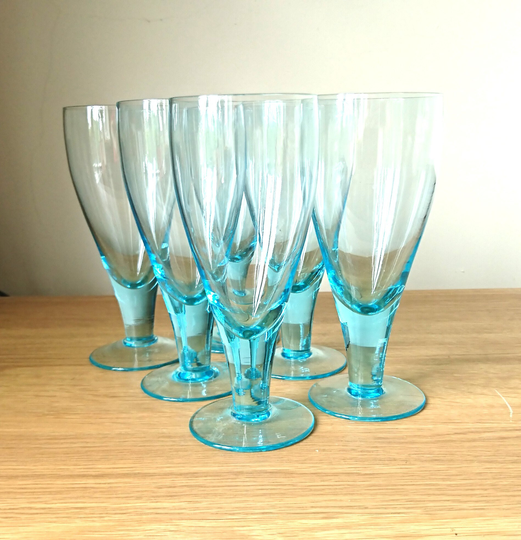 Vintage Set Of 6 Cordial Glasses Blue Vintage Retro Barware Modernist Cocktail Party Liquor Wine Stemmed